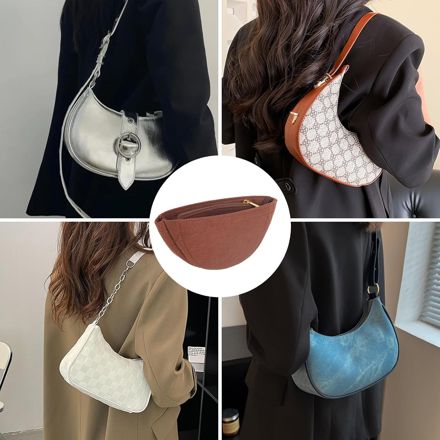NICENEEDED Brown Purse Organizer Insert with Zipper, Felt Bag Divider for Tote & Purse, Moon Shape Tote Bag Organizer Insert Shaper