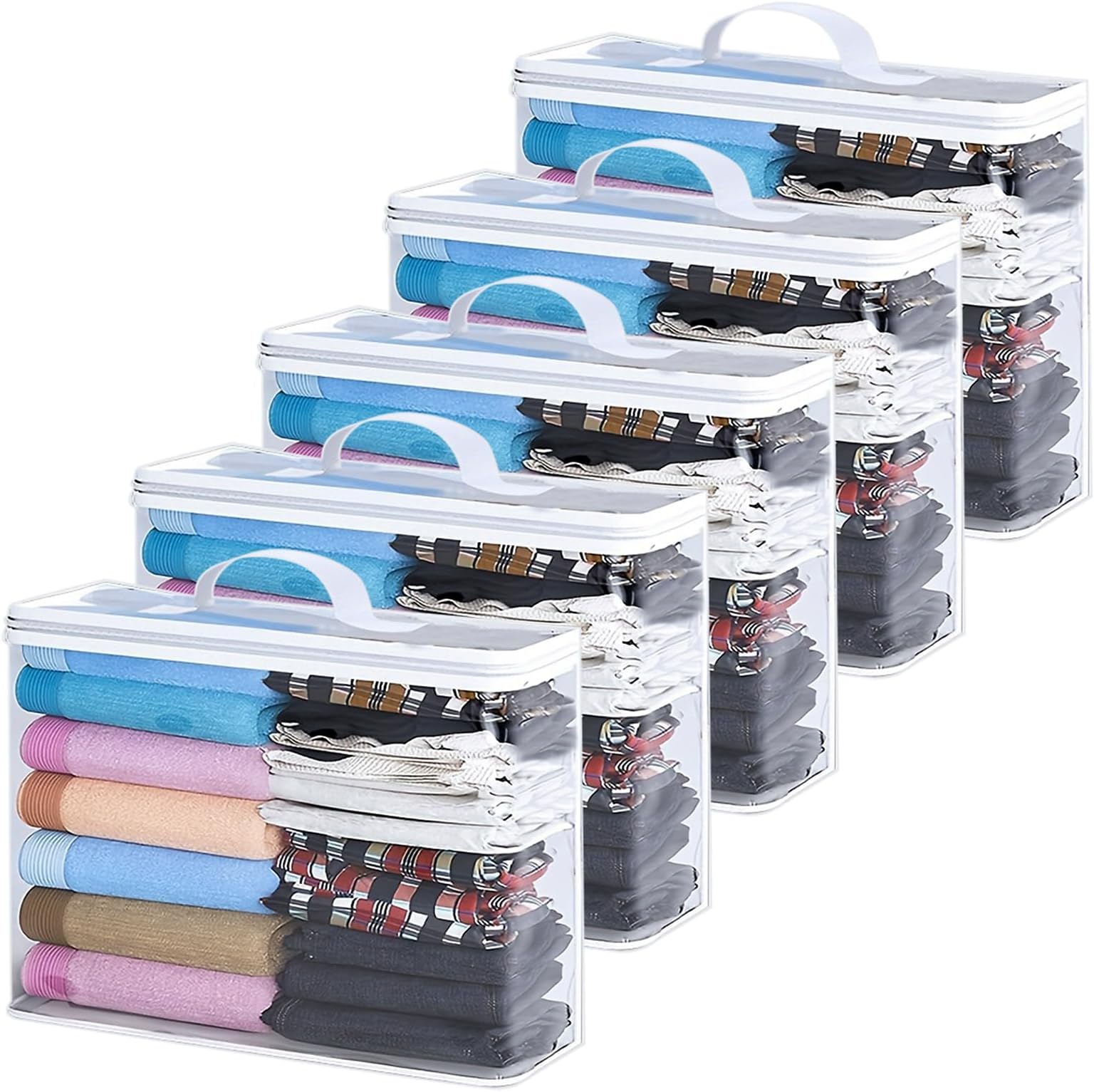5 Pack Clear Clothes Storage Bags, 22L Foldable Transparent Storage Totes with Zipper and Reinforced Handles, Ideal for Bedding, Blankets, Sweaters, Duvets, Comforters, and Toys