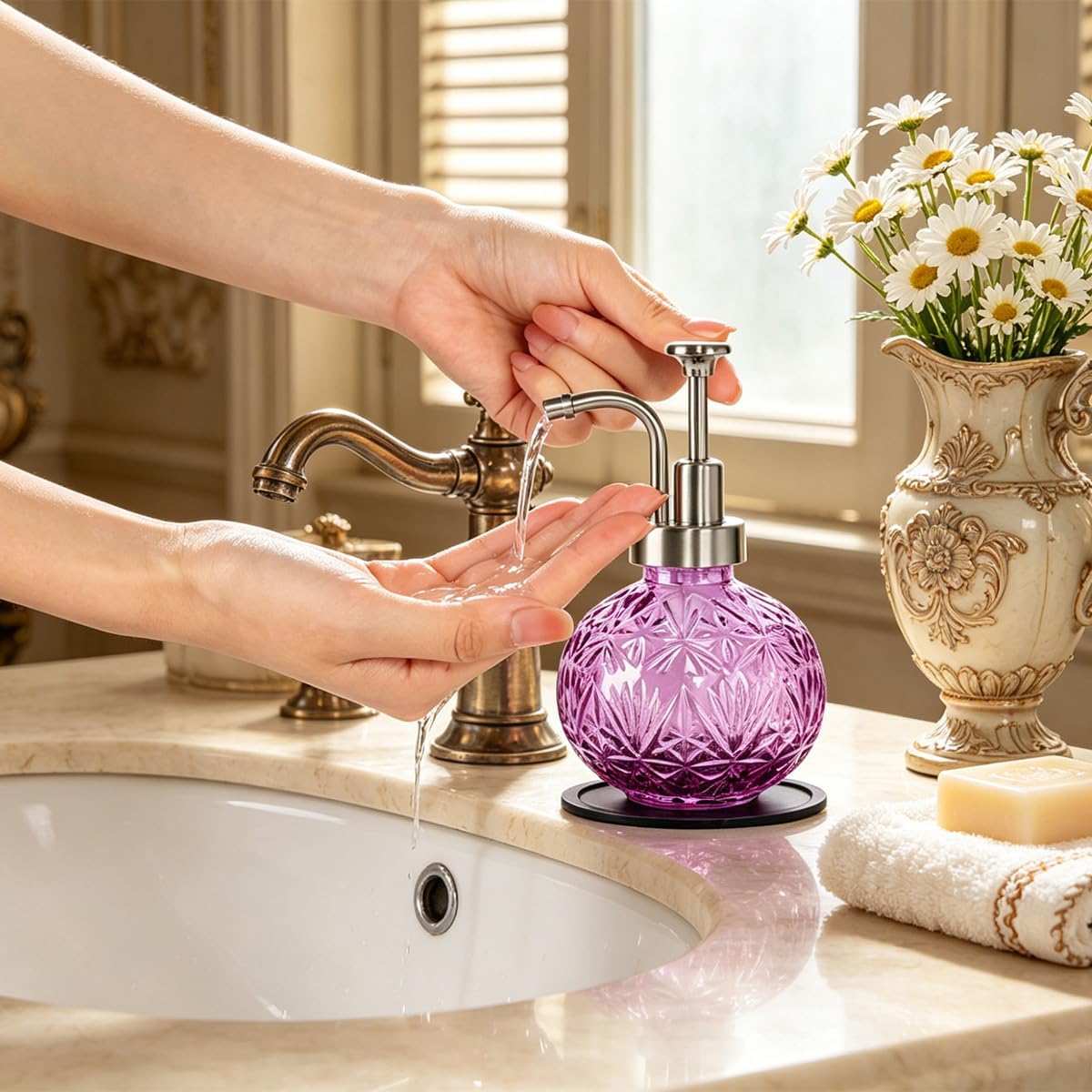 Vintage Soap Dispenser, Refillable 9Oz Lotion Dispenser for Bathroom and Kitchen, Purple Glass Dish Soap Dispenser, Liquid, Lotion Container with Silver Stainless Steel Pump