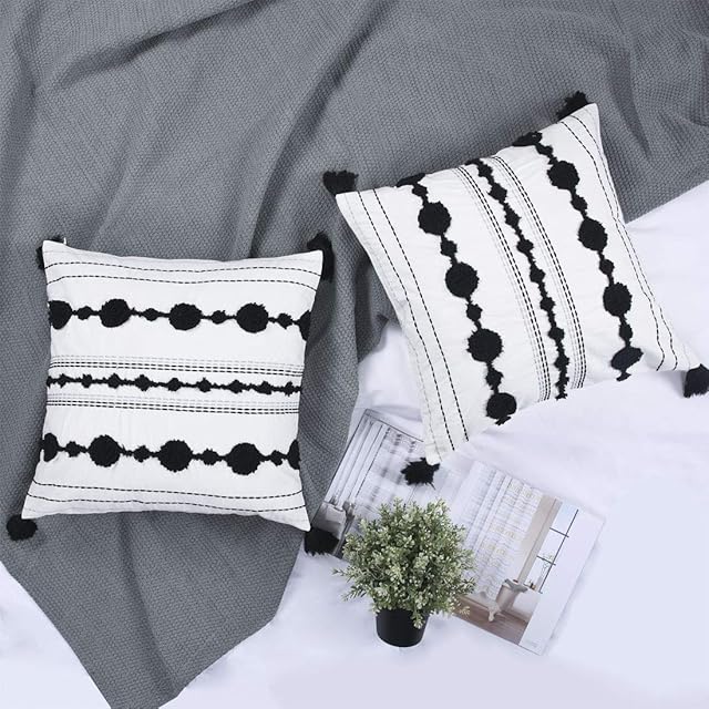 Chlophy Boho Cushion Covers 18x18 45x45CM Set of 2 Black and White Tufted Textured Sofa Cushion Cases Tassel Farmhouse Modern Off White Decorative Accent Beige Ivory