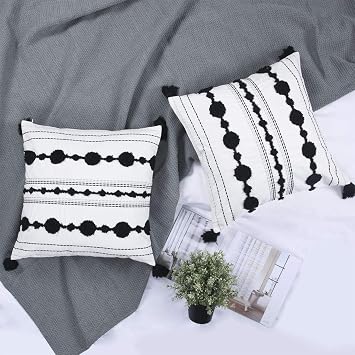 YINFUNG Boho Pillow Covers Black and White 18x18 Set of 2 Moroccan Tufted Dot Textured Throw Pillow Cover Tassel Farmhouse Modern Off White Cushion Cover Decorative Accent Pillow Cover