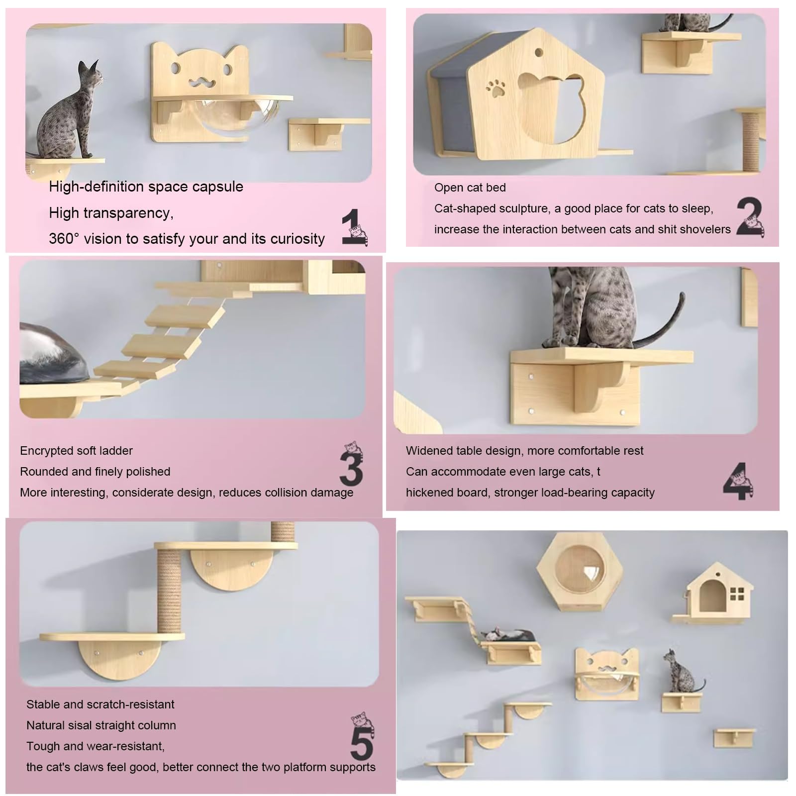 Wandregale for Katzen Aus Holz, Wandmontierte Katzenregale, Katzenhaus und Wandstangen, Katzenwand for Klettern, Schlafen(12pcs)