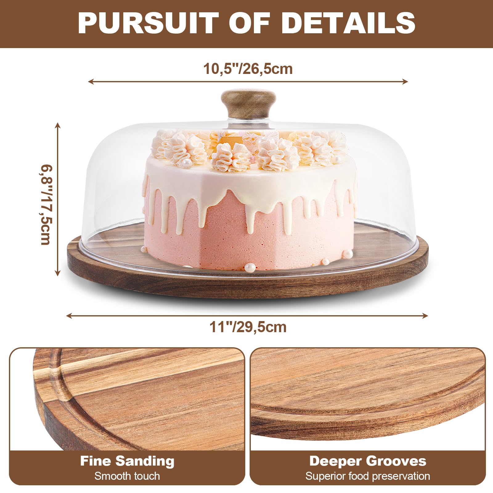 Plateau Tournant Patisserie en Bois D'acacia avec Cloche, Presentoir A Gateau 29,5 x 24 cm, Plateau Gateau Rond avec Couvercle pour Dessert Buffet