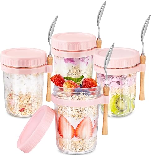 Miniatura 8 de Recipientes de vidrio para avena durante la noche con tapas y cuchara, tarros Mason de boca ancha de 16 onzas para avena nocturna, cereales, yogur,