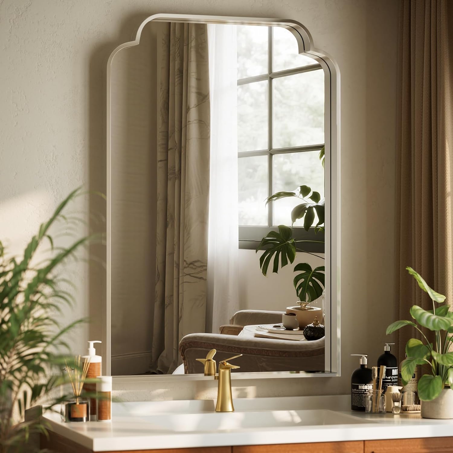 GLSLAND 24"x36" Petal Arch Bathroom Mirror – Modern Metal Frame Vanity Mirror with Scalloped Edge for Over Sink, Bedroom, Living Room, Entryway, Non-Rusting Decorative Wall Mirror, Silver