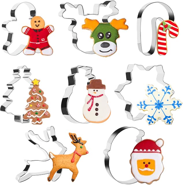 Christmas Cookie Cutter, Set 8 Christmas Biscuit Cutter - Santa, Snowflake, Christmas Tree, Reindeer, Gingerbread Man, Snowman, Candy Cane, Stainless Steel Xmas Cutter for Kids Baking