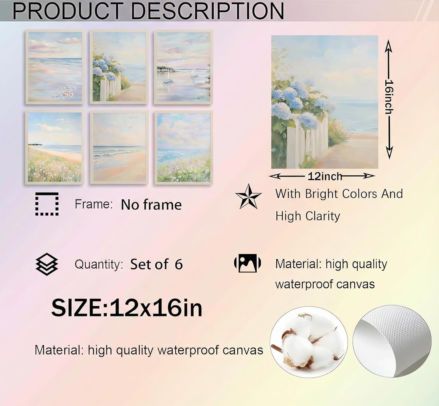 6PCS Coastal Canvas Wall Art Pastel Beach Ocean Scenery Posters Prints Hydrangea Seashells Sailboat Wildflower Pictures Wall Decor for Bathroom Bedroom Aesthetic Room Unframed