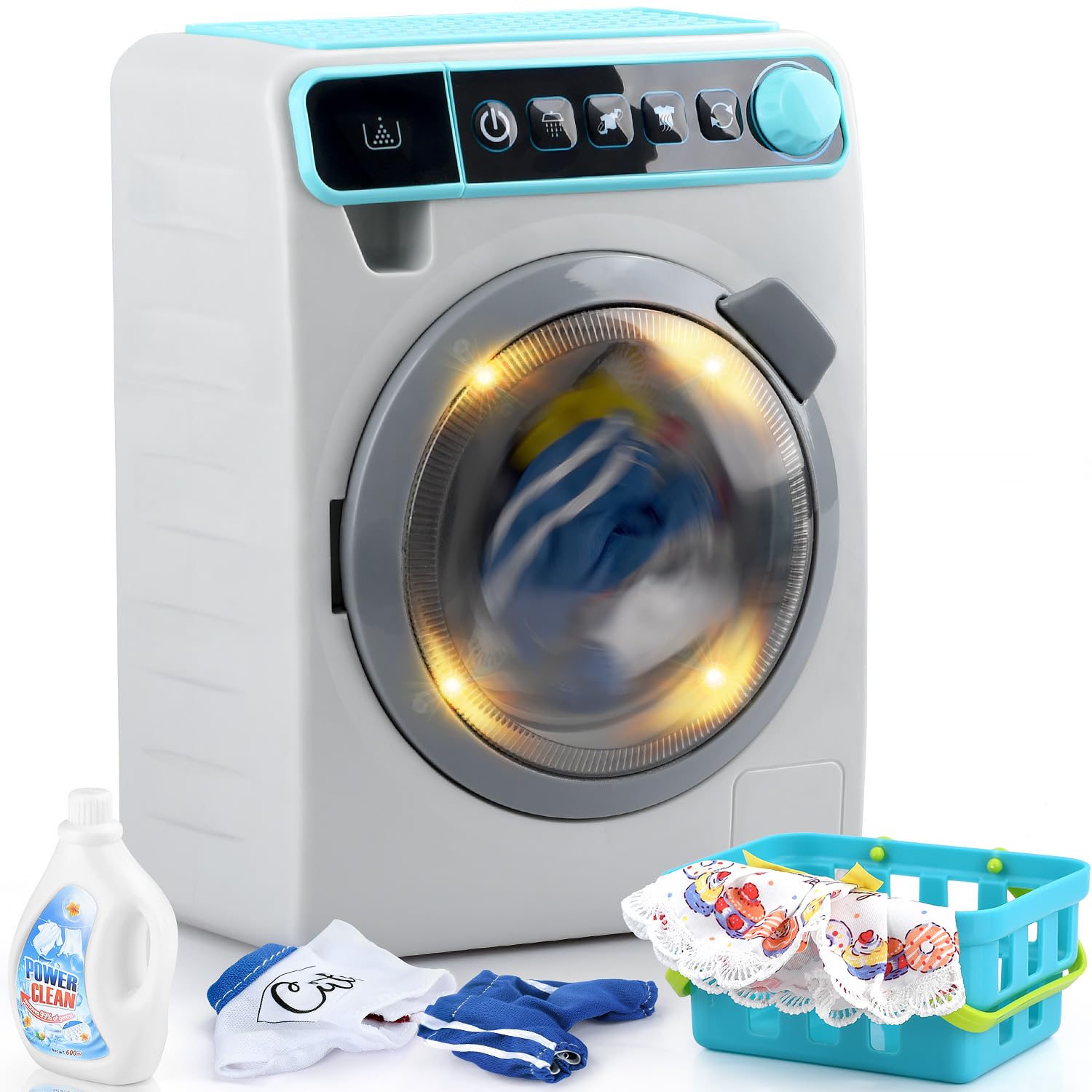 Lavadora de juguetes para niños, dispositivo de juego realista para niñas, muebles interactivos de casa de muñecas, juego de lavadora y secadora con tambor giratorio, efectos de luz y sonido, juego de