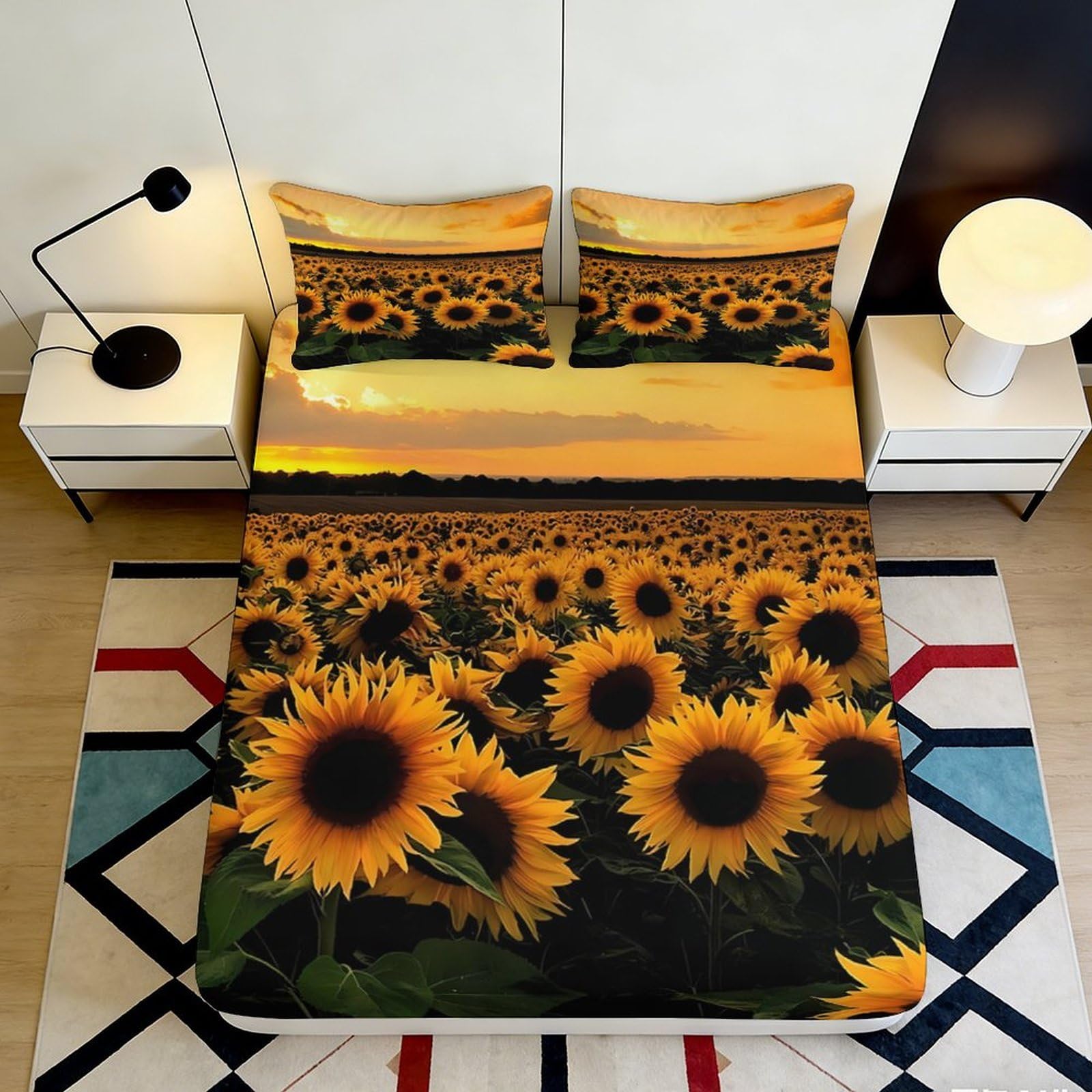 3D Printed Sunflower Sunset Fitted Sheet Microfiber Soft Anti-Slip Bed Cover for Bedroom Guest Room Decor 140x200x25cm