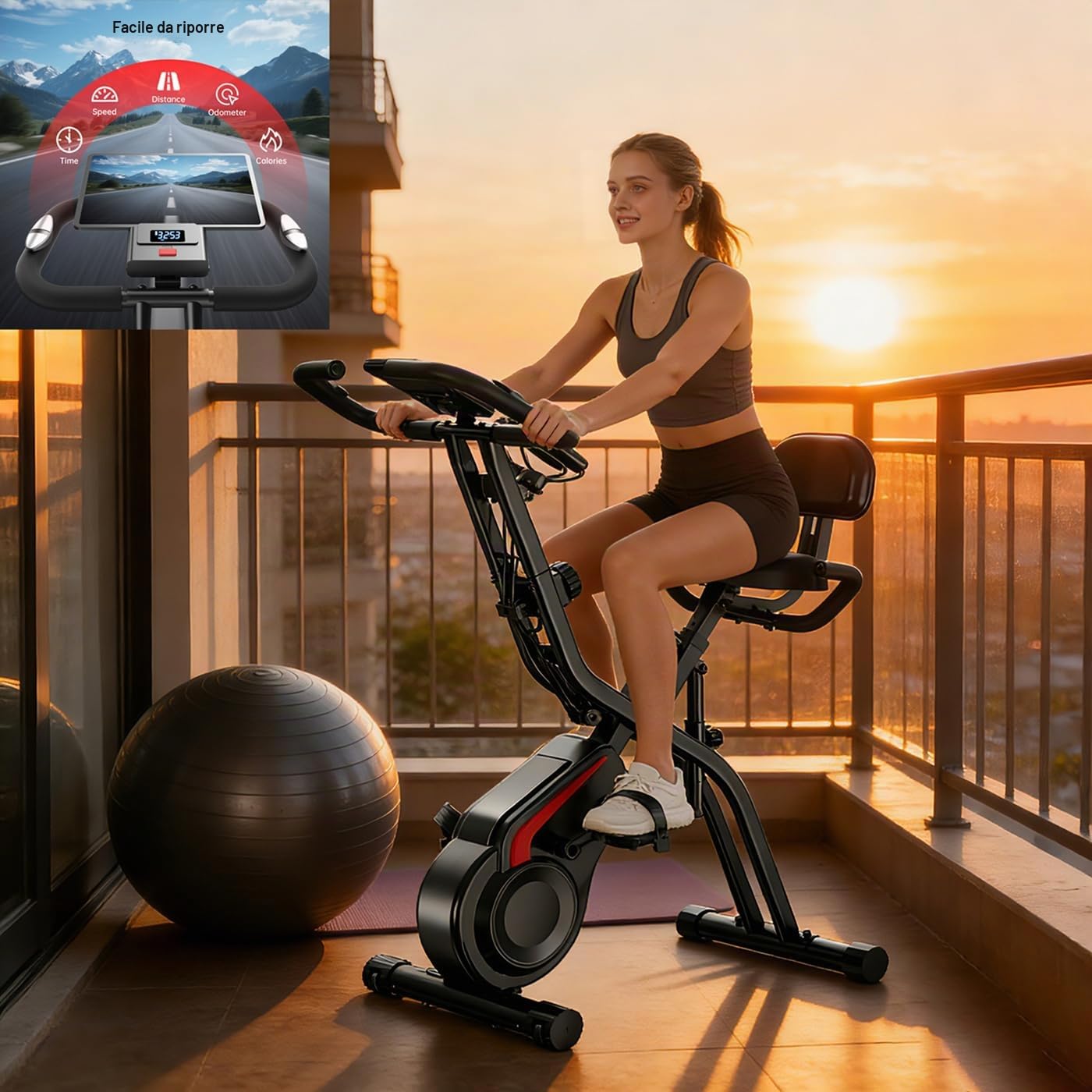 Mengmiao Cyclette Pieghevole 5 in 1 per Casa – Bici Statica con 8 Livelli di Resistenza Magnetica, Display LCD, Bande Elastiche, Sedile con Schienale, Portata 136 kg