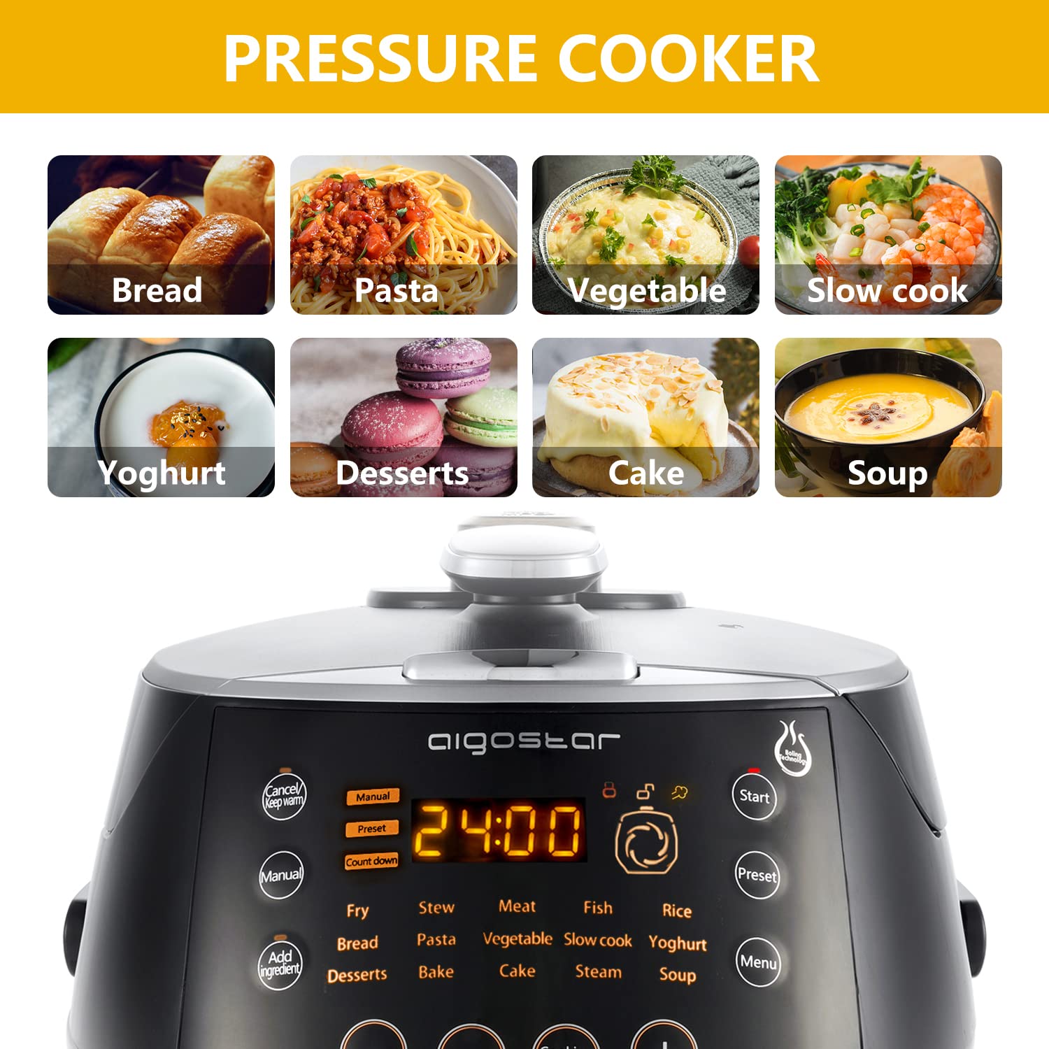 Aigostar Multicooker 7 en 1 Olla a presión eléctrica programable acero inoxidable 5L 900W