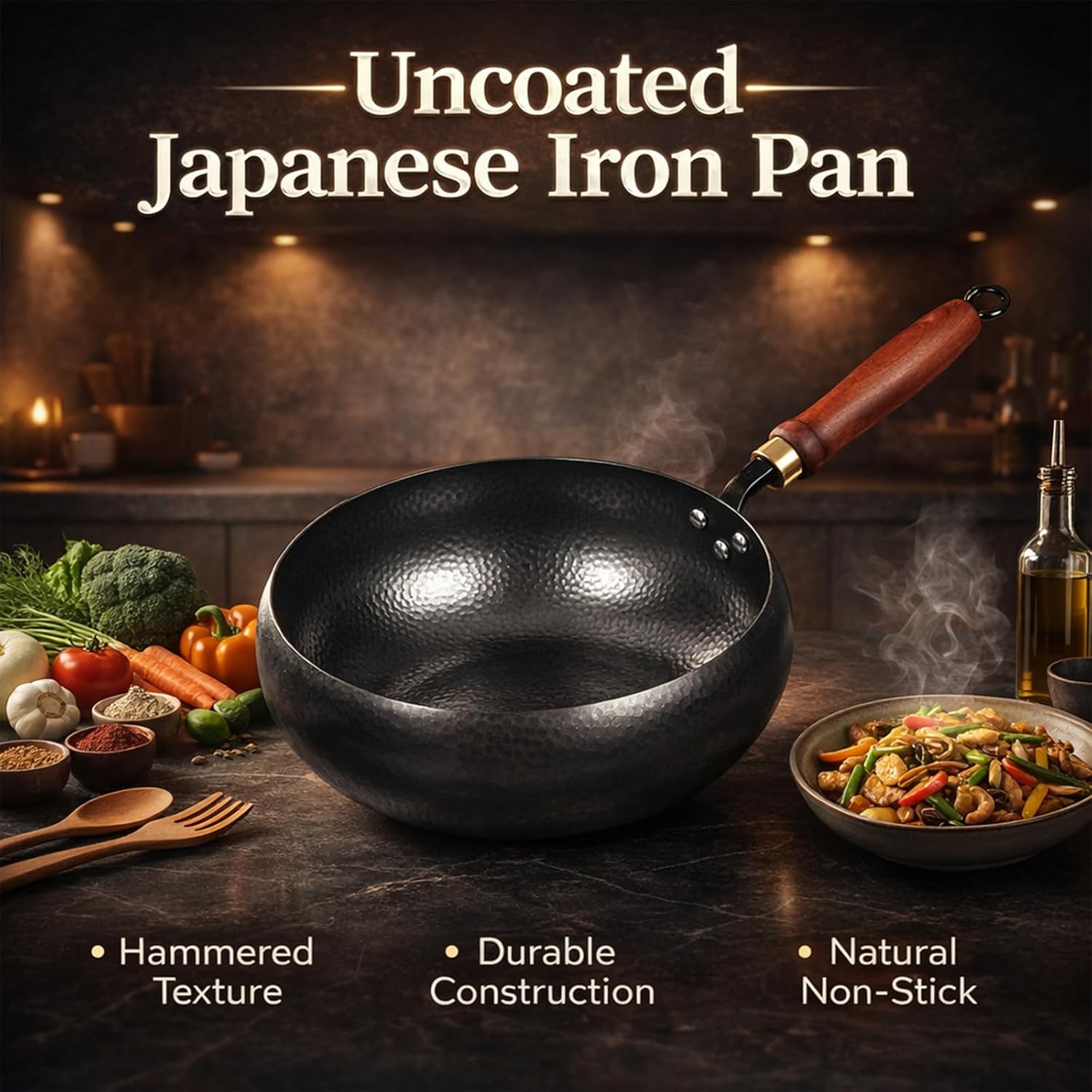 Uncoated Thick Iron Pot, Uncoating Cast Iron Pot, Handmade Multifunctional Non Stick Cast Iron Wok, High Purity Iron Frying Pan for Cooking (with Wooden Lid, 26 cm/ 10.23 in)