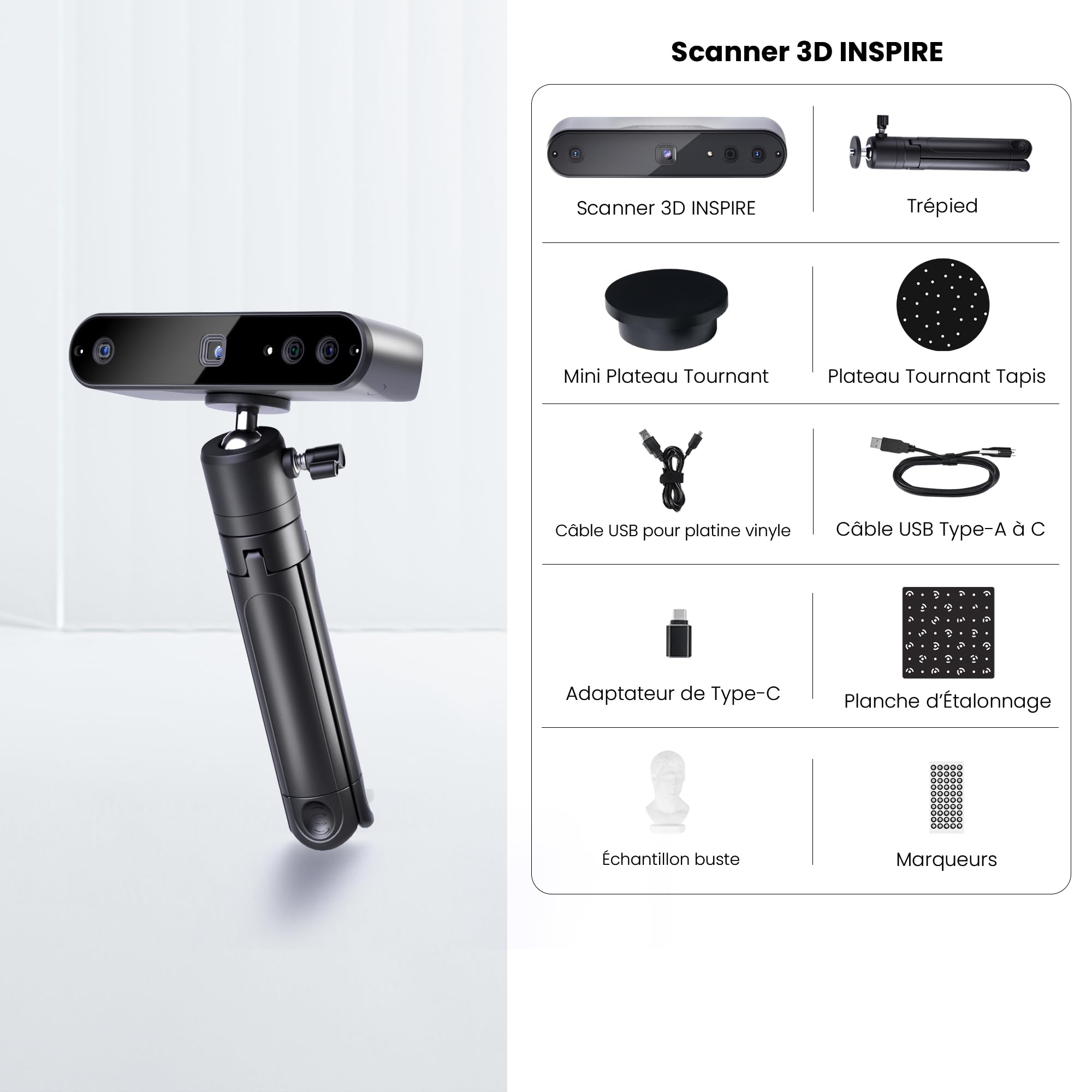 Revopoint INSPIRE Scanner 3D pour impression 3D, portable, vitesse de numérisation jusqu'à 18 fps, précision de 0,2 mm, numérisation 3D pleine couleur, pour Objets moyens