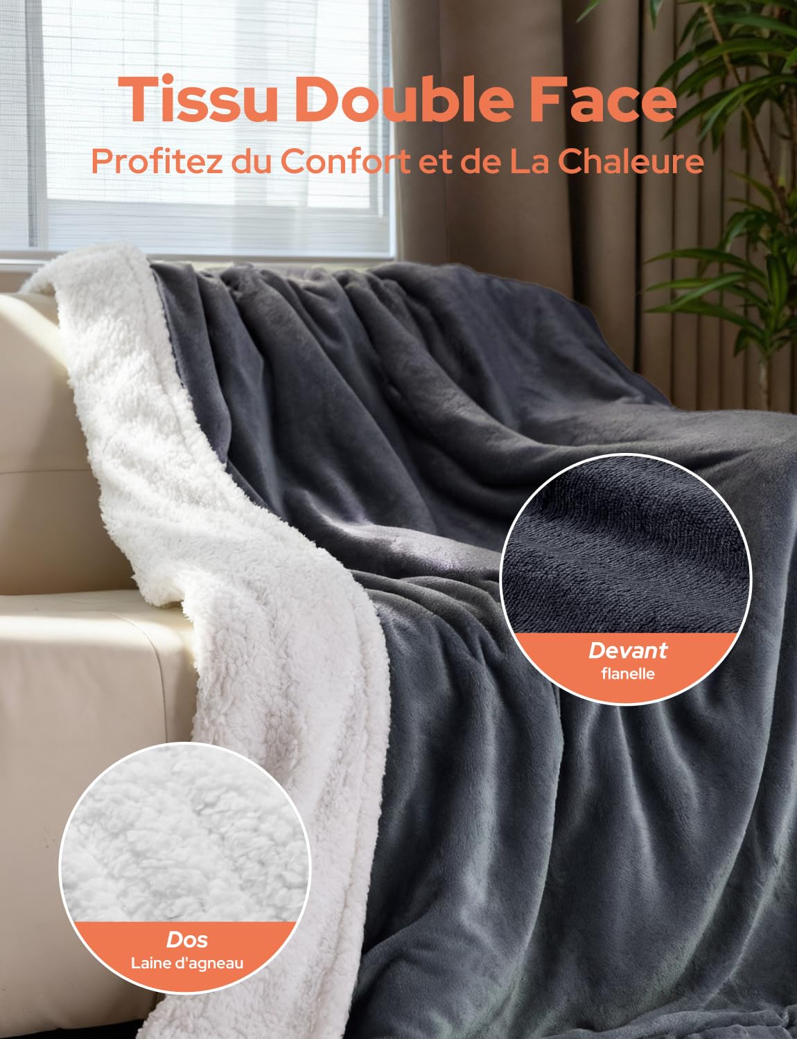 Couverture Chauffante Électrique 10 Niveaux de Température Minuterie 9H Protection Surchauffe Arrêt Automatique Lavable en Machine pour Maison et Bureau (Gris Foncé, 160x130 cm)
