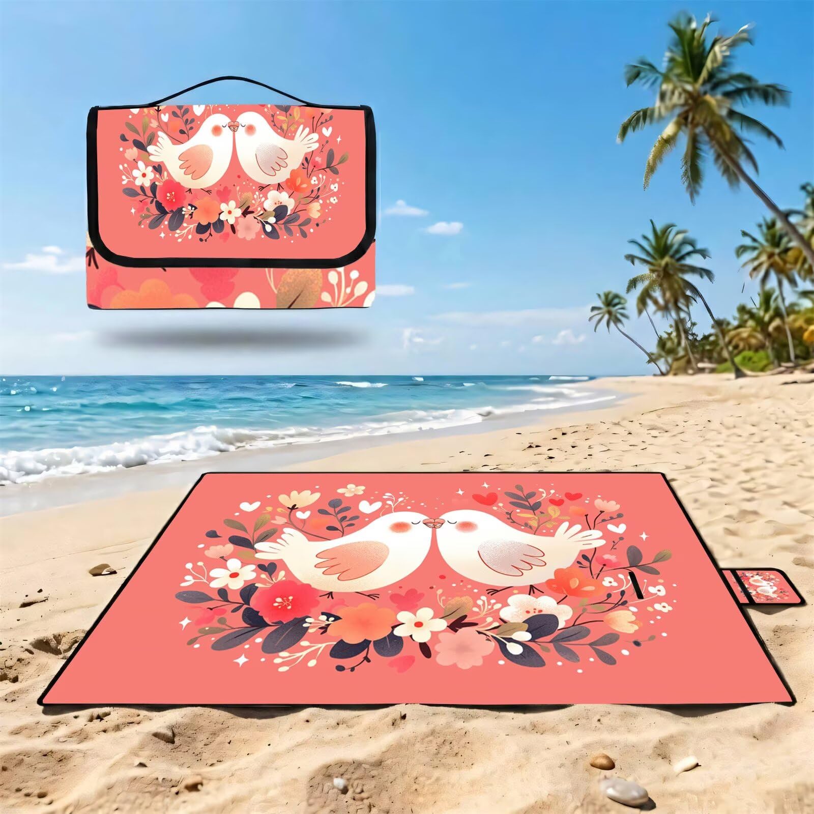 Manta de Picnic Grande 200x200 cm, Rosa Manta Picnic Impermeable, pájaro Esterilla de Playa Alfombra de Exterior, Picnic Blanket Plegable con Asa para Camping, Jardín, Césped, playa, Senderismo UZ-740