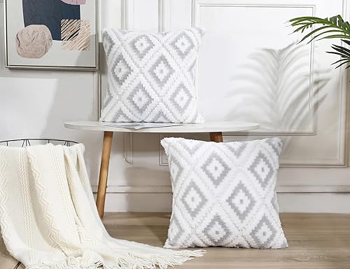 Miniatura 2 de NUYECY Fundas de almohada bohemias de piel sintética de 24 x 24 pulgadas, color gris claro, felpa súper suave, patrón de tablero de ajedrez de piel