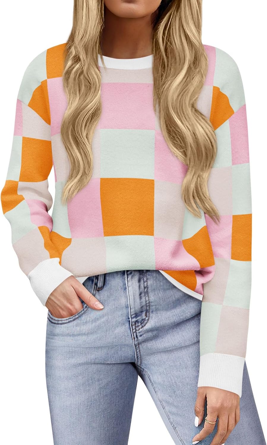Yousify Women 2024 Fall Sweaters Long Sleeve Ribbed Knit Pullover Crewneck Color Block Sweater