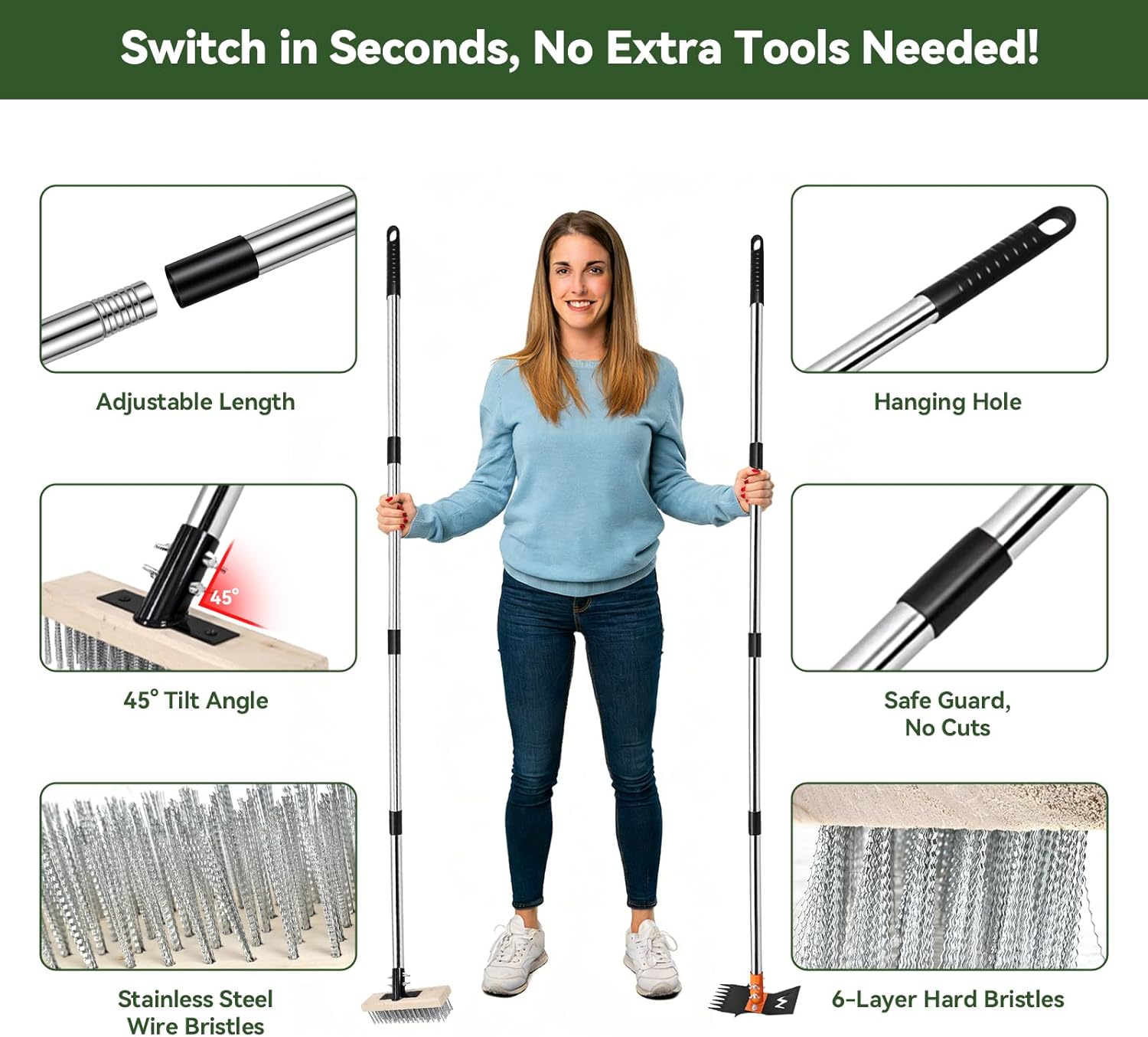 4-in-1 Weeding Tool with Hoe, Grabber, Pruning Shears & Scrub Brush,Garden Hoe & Weed Puller Tool with Long Handle,Dandelion Heavy Duty Uprooting Tool for Lawn Yard Garden