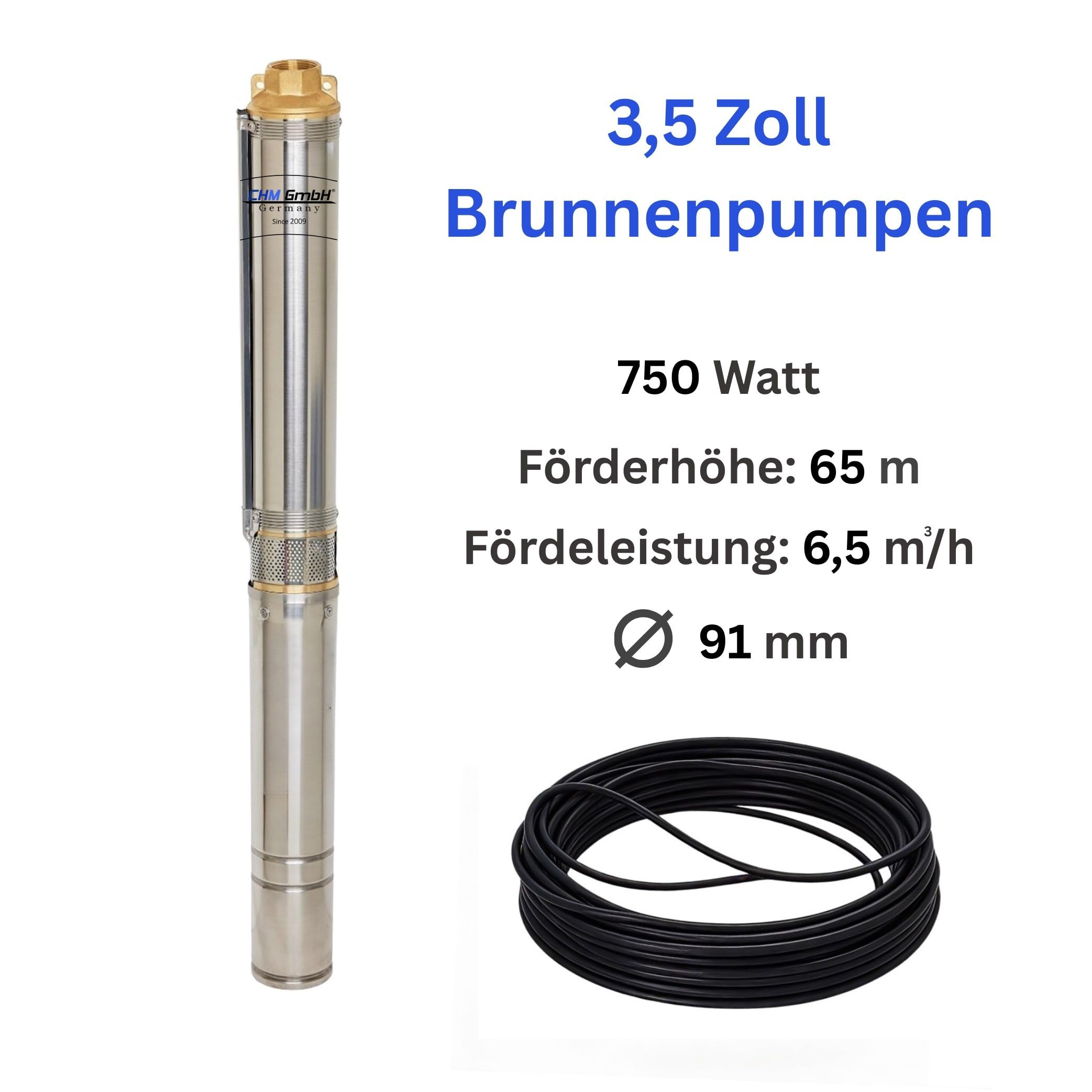 Tiefbrunnenpumpe 3,5 Zoll 750 Watt 6500 L/h 6,5 Bar Druck, Brunnenpumpe, Pumpe Zisterne mit 20m Kabel 5% sandverträglich