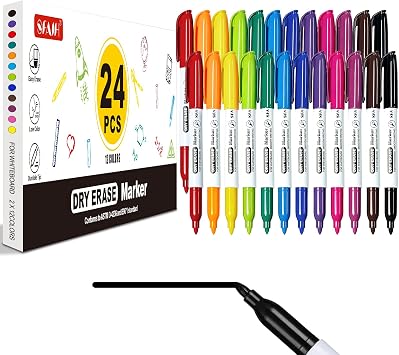 SFAIH Fine Tip Dry Erase Markers, 24 Pack, 12 Colors, Low Odor, Non-Toxic