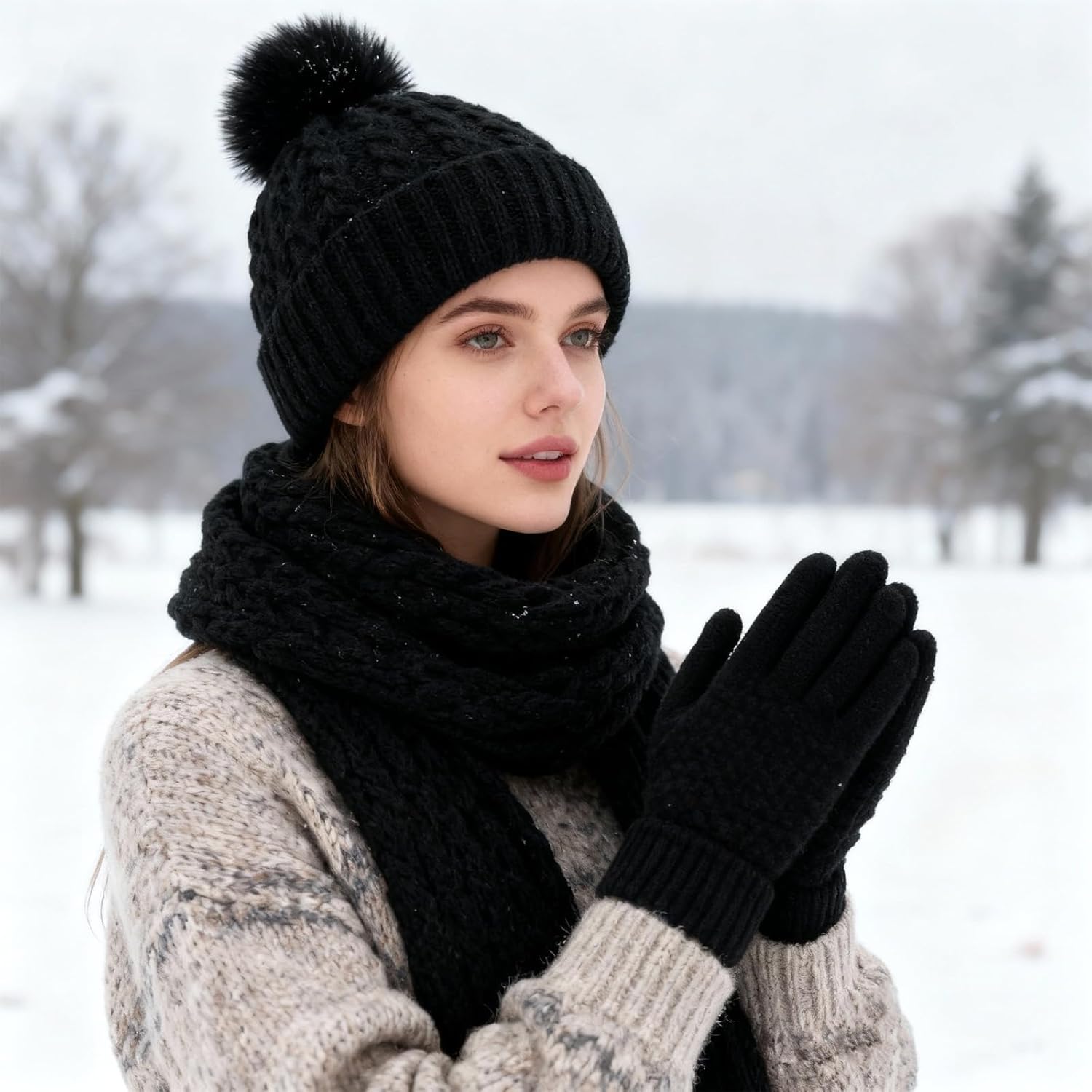 Winter Hat Scarf and Gloves 3 in 1 Winter Black Set for Woman Warm Knit Cap Gloves Long Knitted Scarf - Image 6