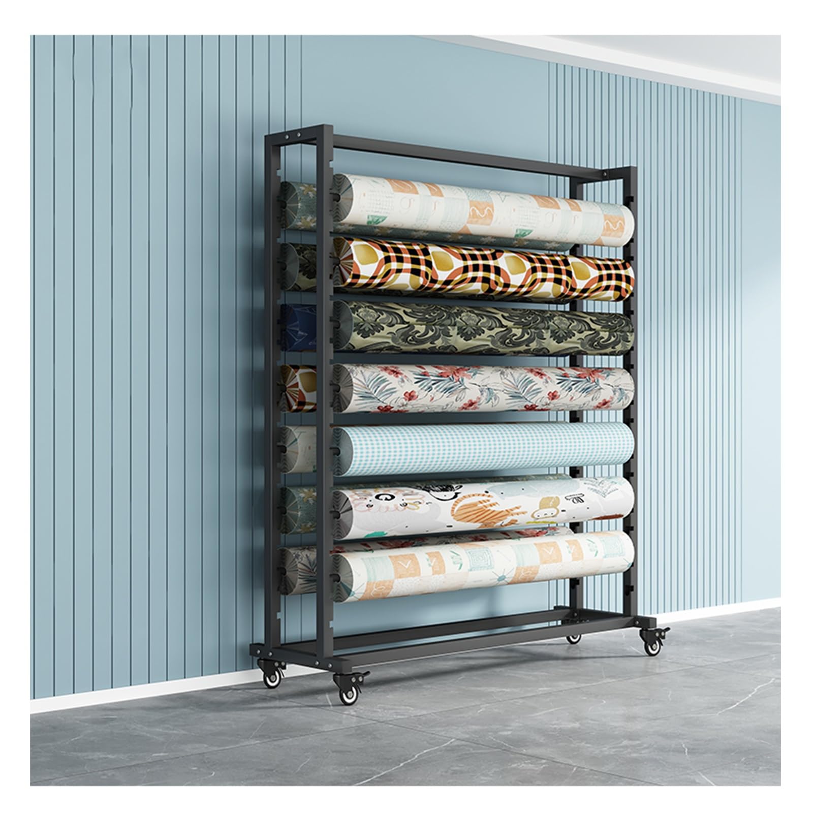 Scaffale per rotolo di tessuto commerciale, organizer mobile con ruote per rotoli di pelle, tovaglia, display per carta da parati, 14 aste, larghezza 120 cm