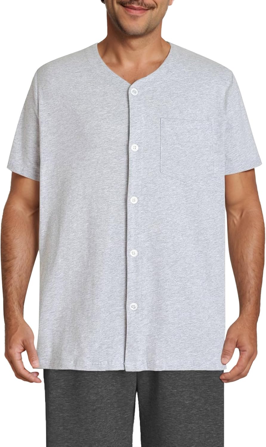 Esenchel Men's Button Up Pajama Shirt Cotton Sleep Top 2 Pack - Image 2