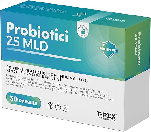 Probiotici 25 MLD con 30 Ceppi, Inulina, FOS, Zinco ed Enzimi Digestivi | Fermenti Lattici Probiotici ad Alta Potenza per Flora Intestinale, Digestione e Sistema Immunitario | 30 Capsule | T-Rex Integ Generico - integratore