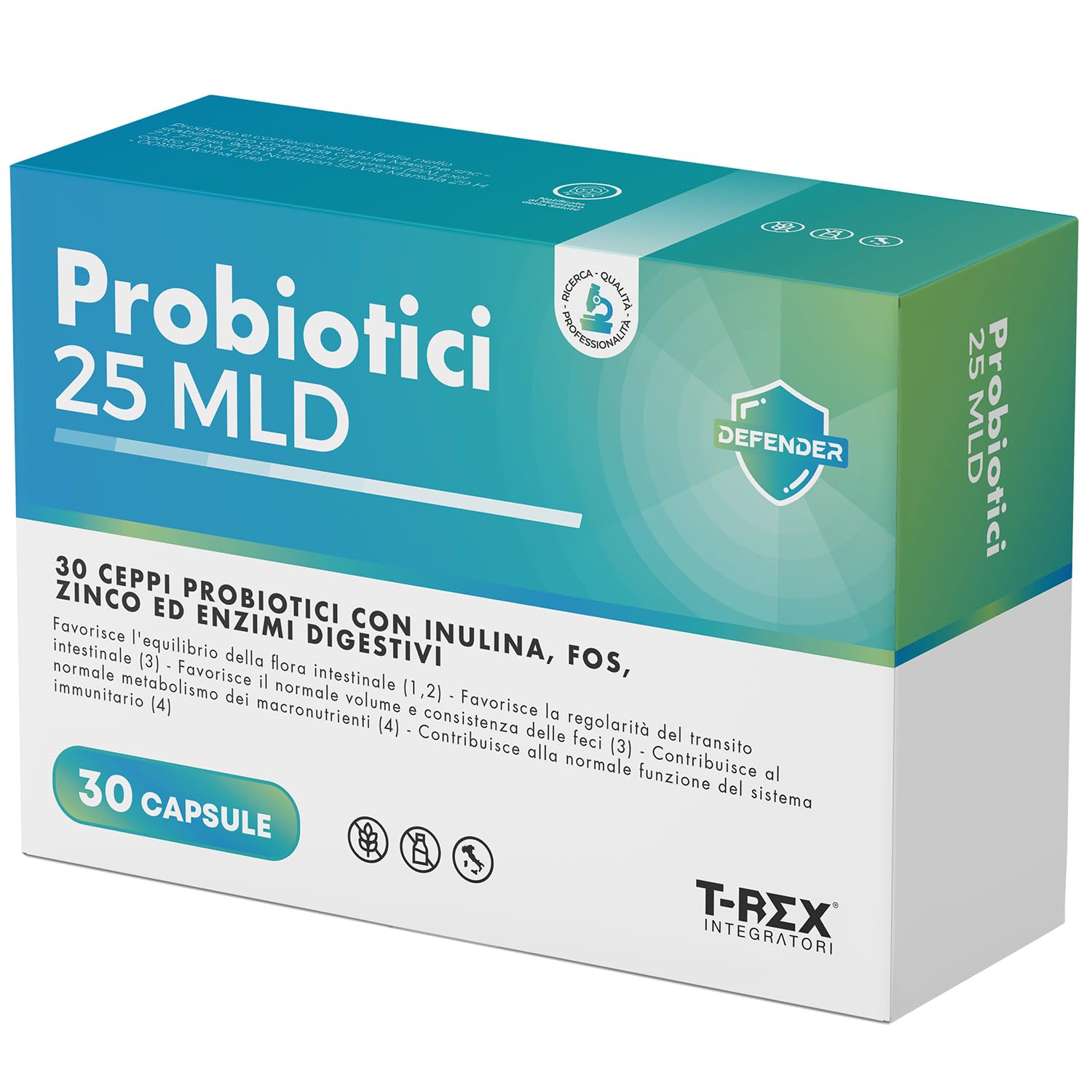 Probiotici 25 MLD con 30 Ceppi, Inulina, FOS, Zinco ed Enzimi Digestivi | Fermenti Lattici Probiotici ad Alta Potenza per Flora Intestinale, Digestione e Sistema Immunitario | 30 Capsule | T-​Rex Integ