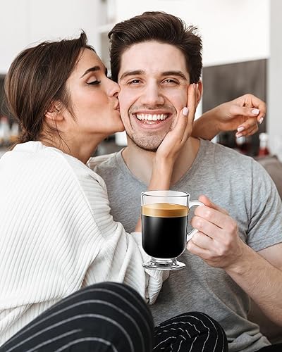 Vista 5 de LUXU Juego de 4 tazas de café de vidrio irlandés, tazas de café con leche, taza de café transparente de 10.5 onzas, tazas de vidrio con asas