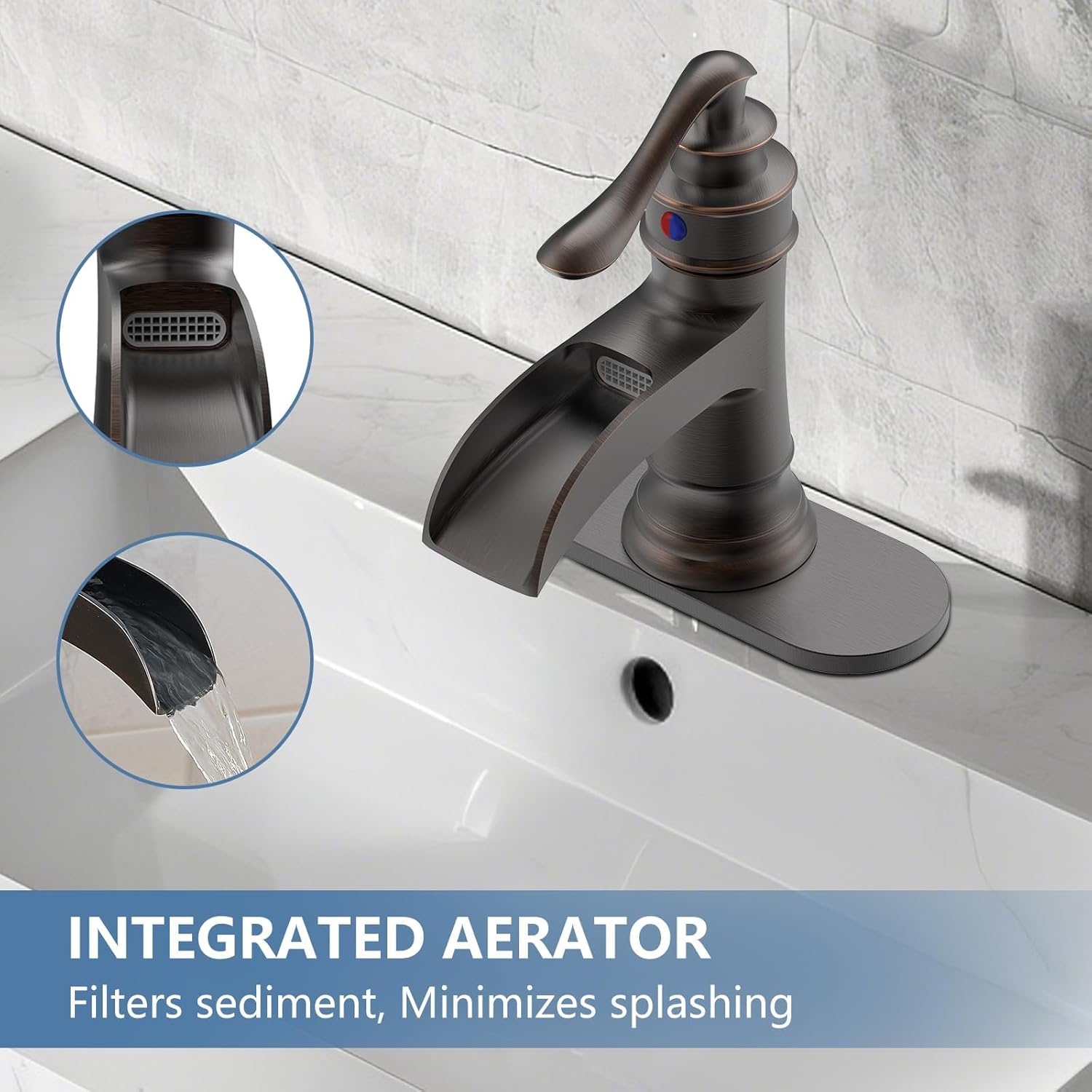 Waterfall Bathroom Faucet Oil Rubbed Bronze Sink with Pop Up Drain Stopper Faucets Single Hole Rustic Vanity Farmhouse Overflow One Handle Bath Black Commercial Assembly by Homevacious