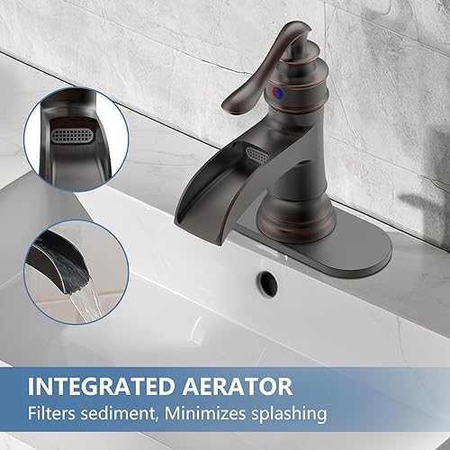 Miniatura 6 de Homevacious Grifo de baño, grifo de cascada, bronce aceitado de una sola manija, lavabo de 1 agujero o 3 agujeros, grifo mezclador de lavabo con