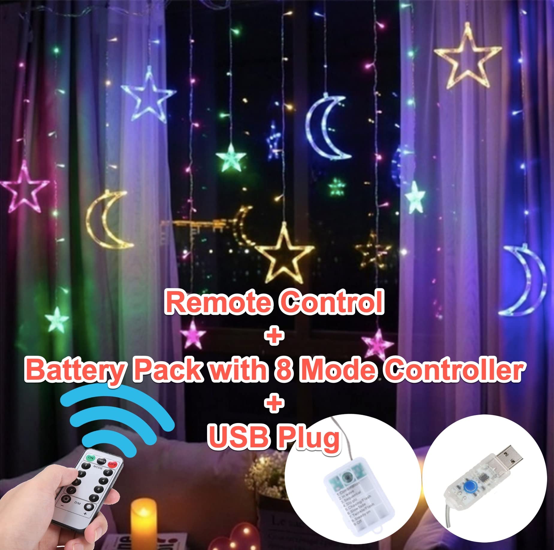Eid Decor 138 LED Indoor Outdoor Curtain Lights Twinkle Star and Moon Festive Party Decoration Fairy Lights Remote Control + USB and Battery Pack (12 Moon Star_LED)