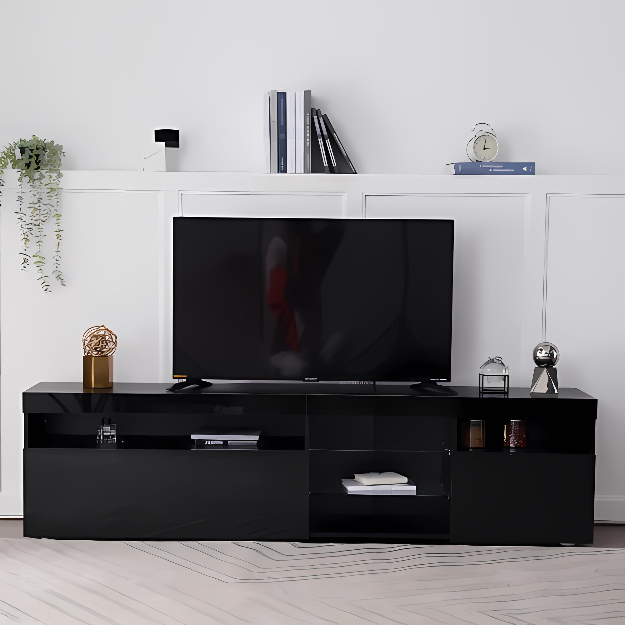 TV Schrank TV Stand Sideboard mit Hochglanzfront und Glasdetails grosser Stauraum mit DREI Tueren geeignet Fuer Wohnzimmer und Essbereich Moderne Aufbewahrung Fuer Verschiedene -180cm,Weiß