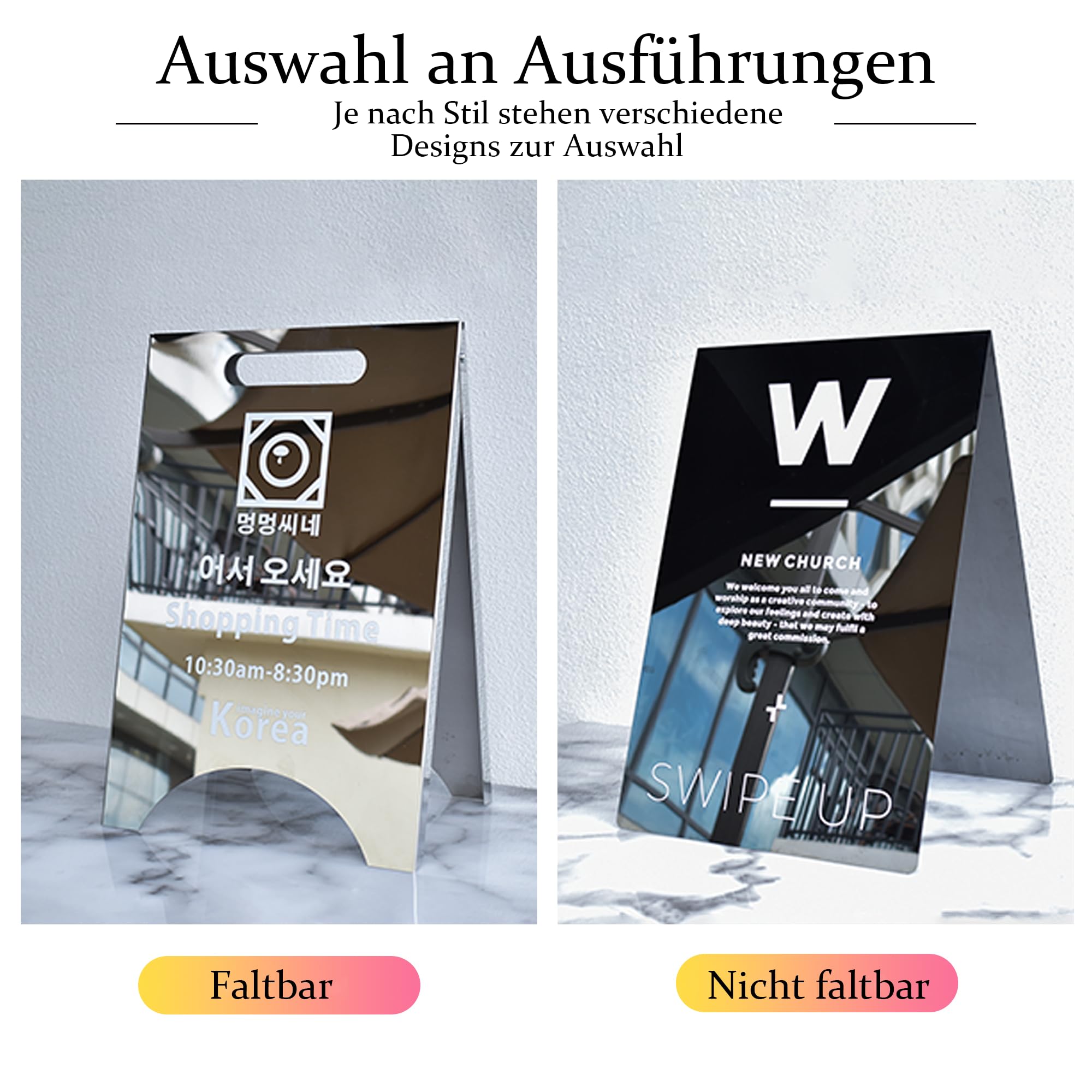 Maßgefertigter Kundenstopper Spiegel, Aufsteller Spiegel Outdoor 50-60CM | Hochglanz-/gebürsteter Edelstahl, Beidseitiger UV-Druck, Wasserfest