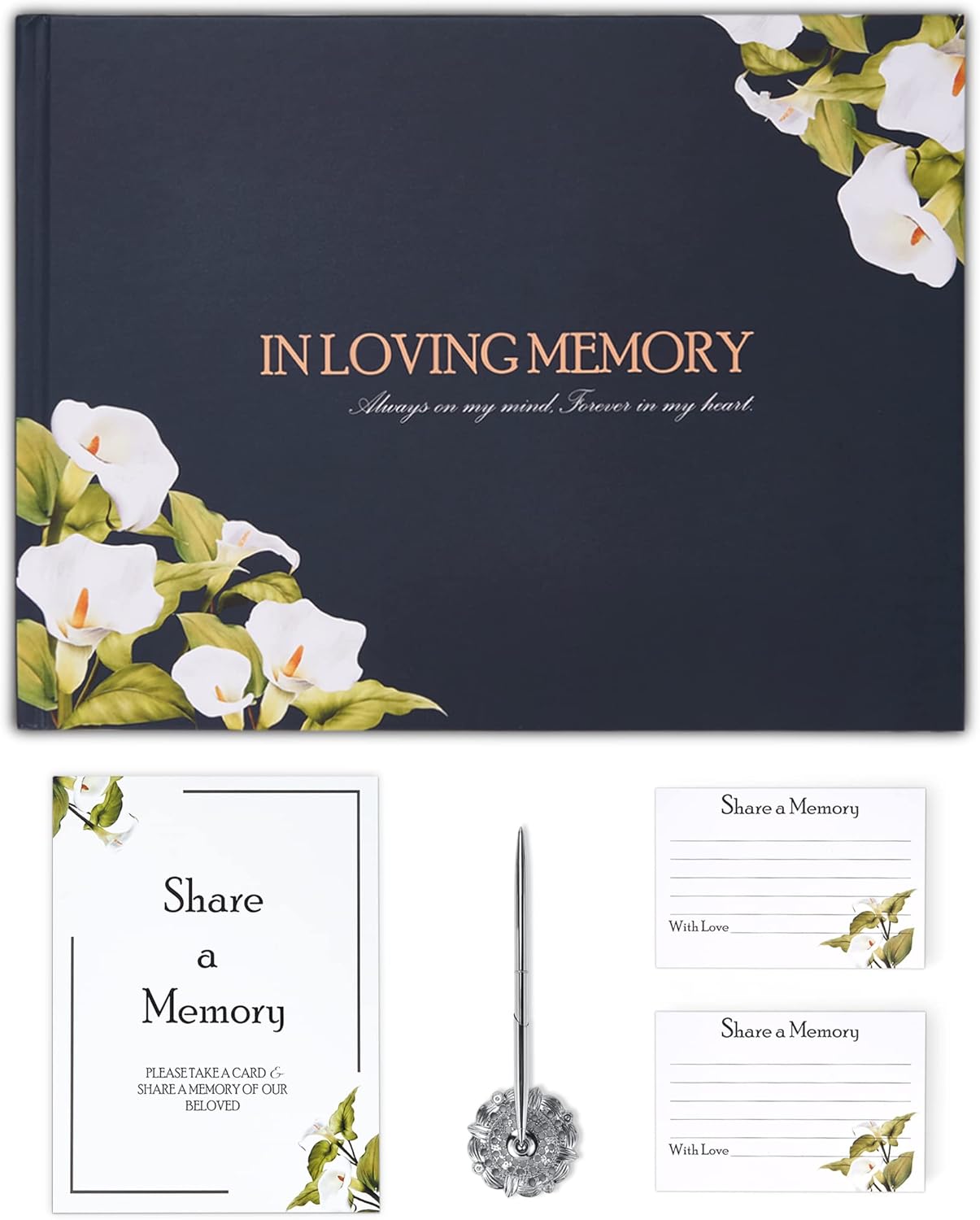 Funeral Guest Book, in Loveing Memory Guest Book for Funeral Hardcover, Floral Designed Funeral Guest Sign Book with Memory Table Card,Share a Memory Card, Silver Pen Sign Included-Lily