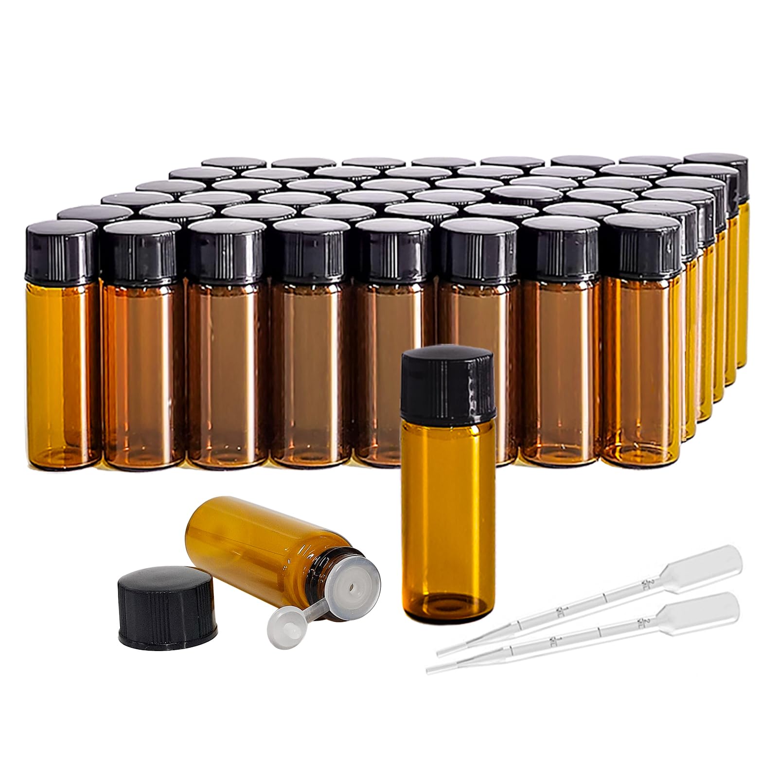 AGENIZ 50Pcs 3ml 5ml Amber Sample Bottles,Mini Glass Essential Oil Bottle, with Black Screw Caps, for Travel Essential Oil and Perfume Vials Bottles (