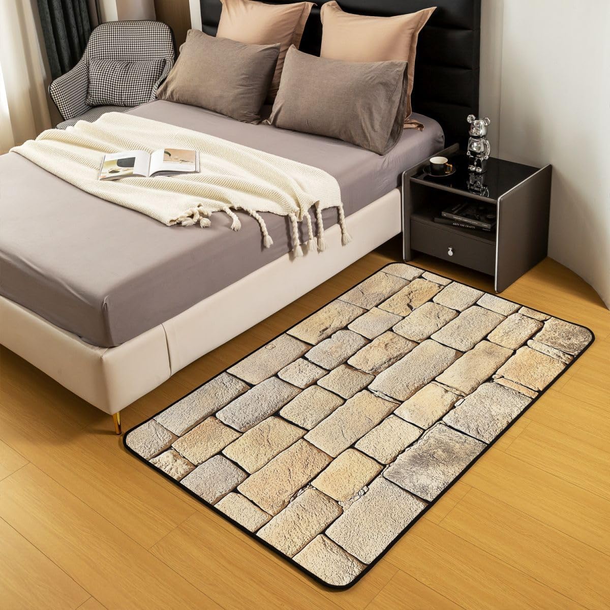 Erosebridal Vintage Brick Stone Area Rugs for Living Room 3x5 Ancient Rock Non Slip Rug Abstract Wall Textured Carpet Indoor Floor Mat Medieval Party Decorations Brown Decorative Washable Rug