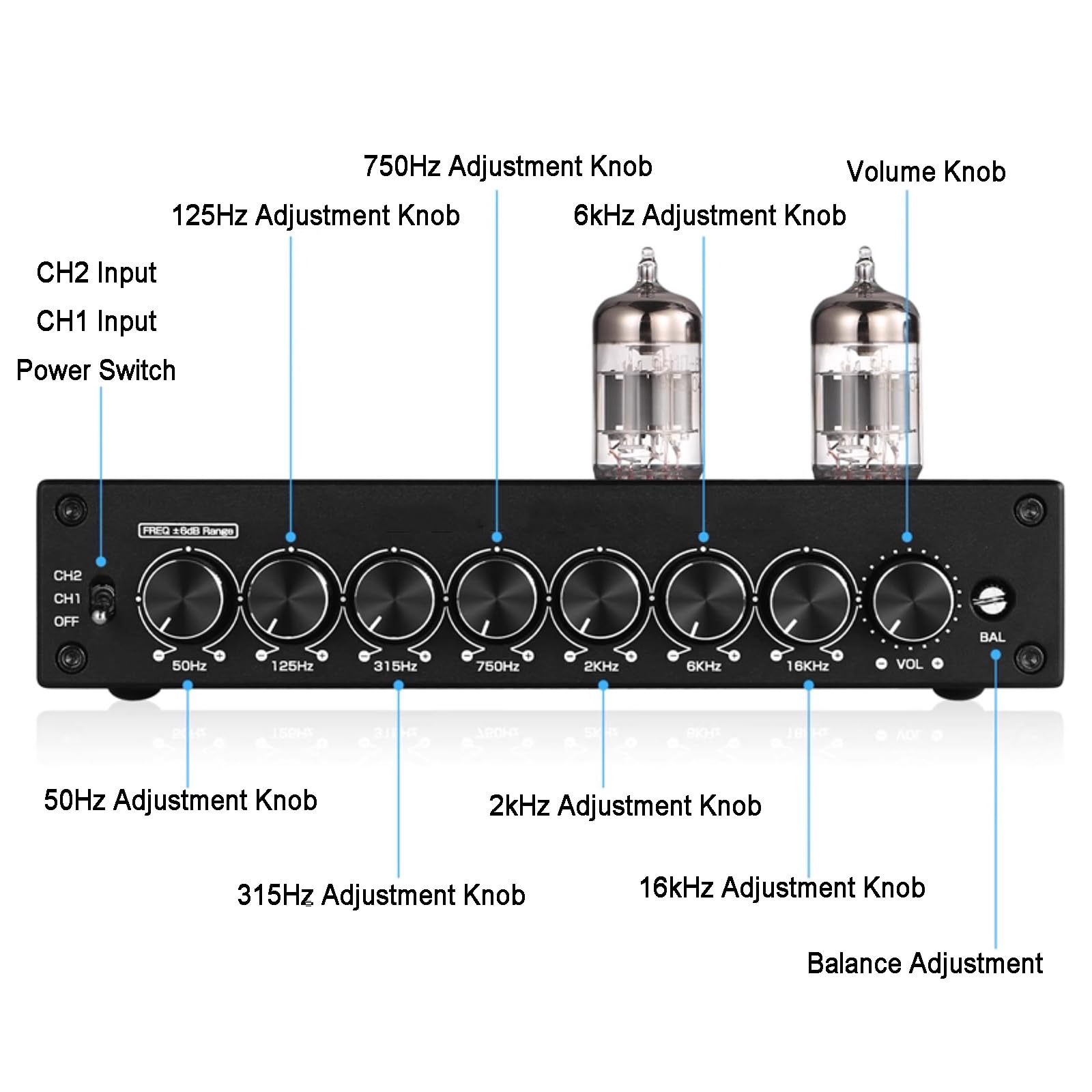 EQ a 7 bande equalizzatore preamplificatore HiFi a tubo a vuoto amplificatore per auto e altoparlanti domestici, ingressi e uscite RCA/XLR bilanciati per una migliore qualità audio
