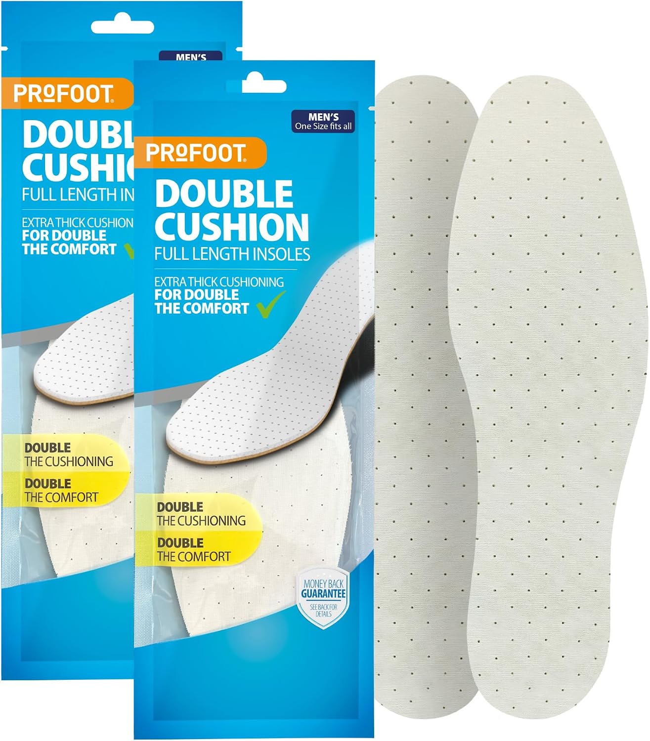 Profoot Double Cushion Insoles - Full Length Insoles for Men - Extra Thick Cushioning - Dual Layer Shoe Inserts - Ideal for Foot Discomfort - One Size Fits All - 2 Pack