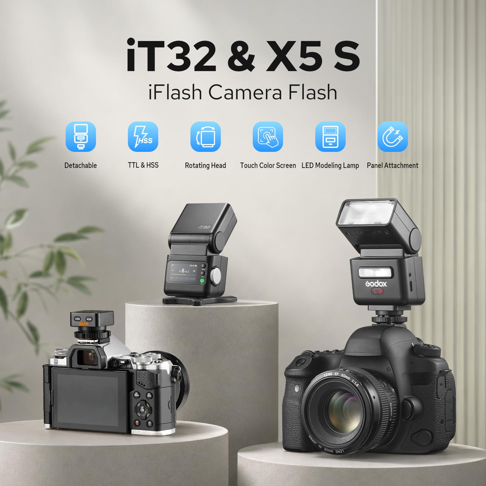 Godox IT32 TTL Kamerablitz mit X5S-Blitzauslöser für Sony-Kameras, magnetischer Blitzschuh und Auslöser, 2-in-1, bunter Touchscreen, drehbarer Blitzkopf, X-System TTL und HSS, LED-Modellierlampe