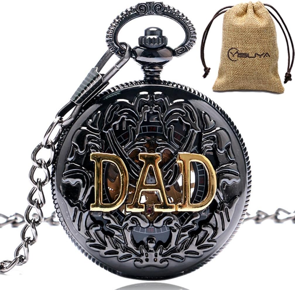 Mens Vintage Dad Father's Day Black Hollow Mechanical Pocket Watch with Chain Gift Arabic Numerals Clock