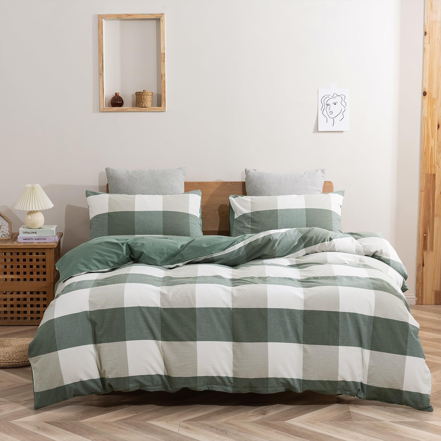 BoqingzhuCotton Bed Linen 135 x 200 cm Checked Green White Reversible Bed Linen Set Checked Country House Duvet Cover 135 x 200 cm and Pillowcase 80 x 80 cm with Zip