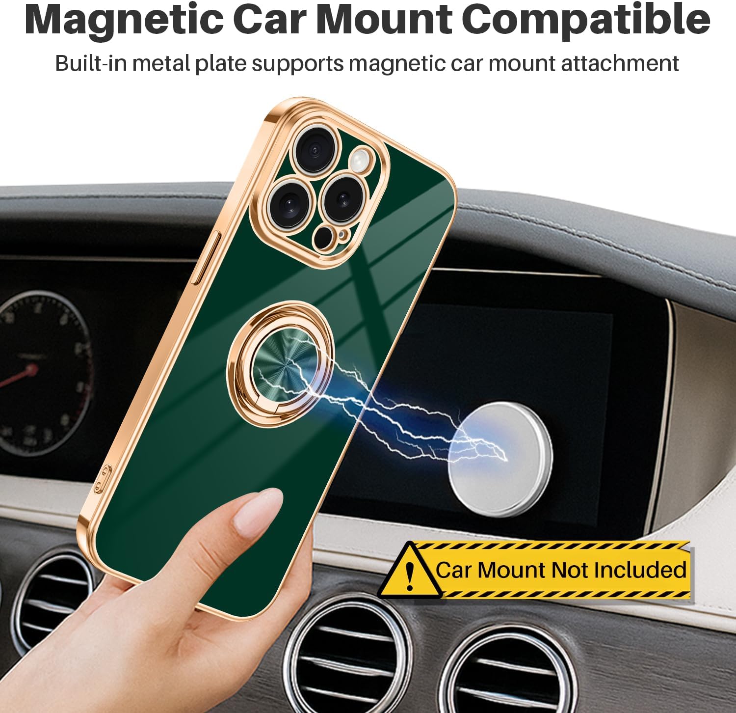 Dinick Designed for iPhone 15 Pro Max Case with Ring Holder Soft TPU Bumper Glitter Plated Slim Cover for Women Men Finger Stand for iPhone 15 Pro Max Case Green and Gold - Image 4