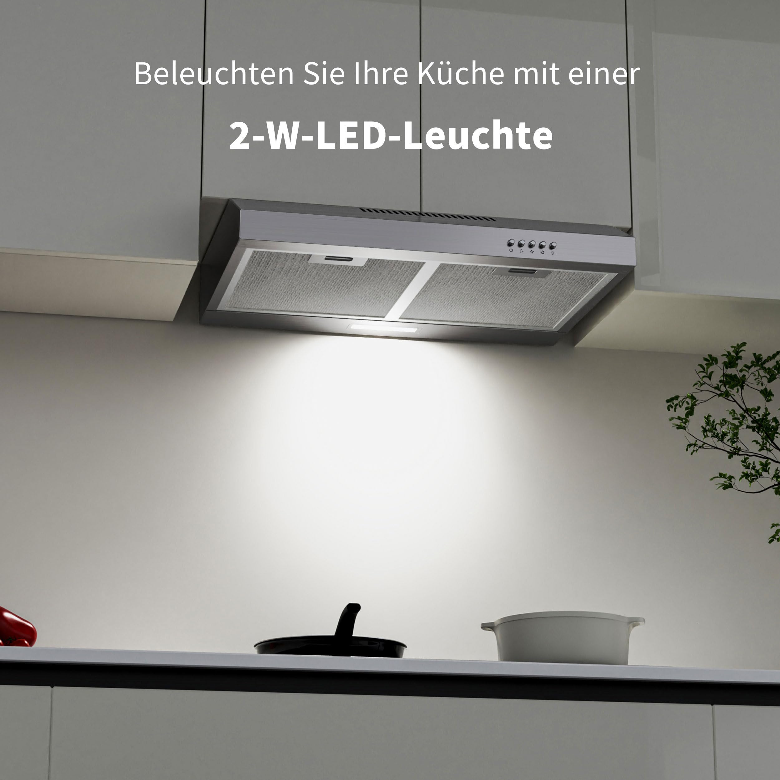 FIREGAS A+ Unterbau-Dunstabzugshaube 60 cm, Umluft & Abluft, 3 Leistungsstufen, LED-Beleuchtung, Edelstahl