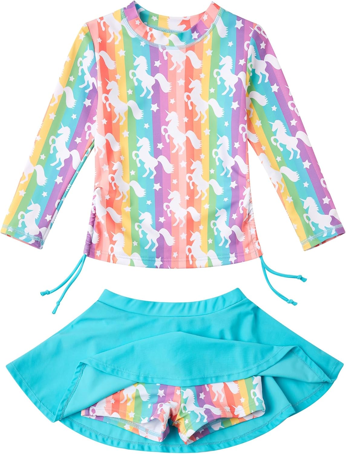 swimsobo Girls Swimsuit Rash Guard Long Sleeve Bathing Suit Two Piece Swimwear Swimming Skirt with Shorts 3-12T