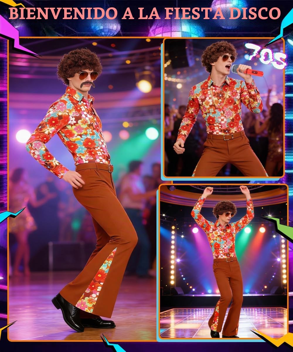 Disfraz Disco Hombre, Disfraz Disco Años 70 Incluye Accesorios Discoteca y Peluca, Años 70 60 Disfraces para Fiesta, Cosplay Discoteca Retro, Carnaval, Halloween