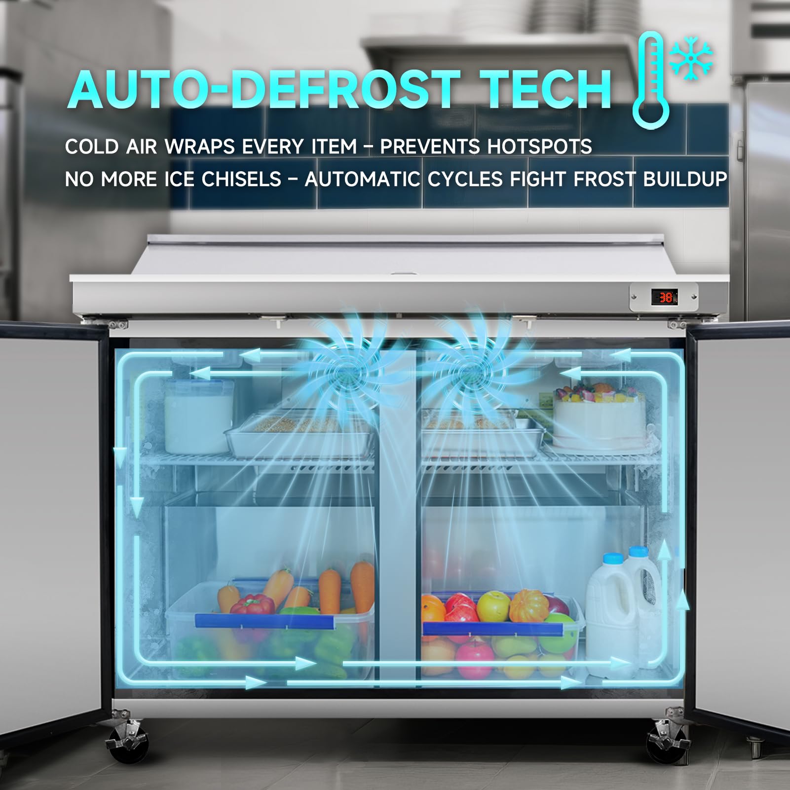 Dvasovio 48" Commercial Refrigerator Salad Sandwich Prep Table Refrigerators 2 Door 13.8 Cu.Ft Stainless Steel Refrigerated Mega Top on Fridge.com - View 5