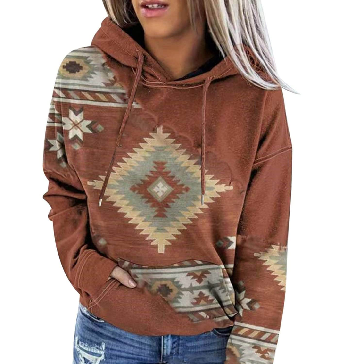 Lanaoree Women's Western Ethnic Style Print Aztec Hoodie Pullover Cowgirl Rhombus Printed Hooded Sweatshirt
