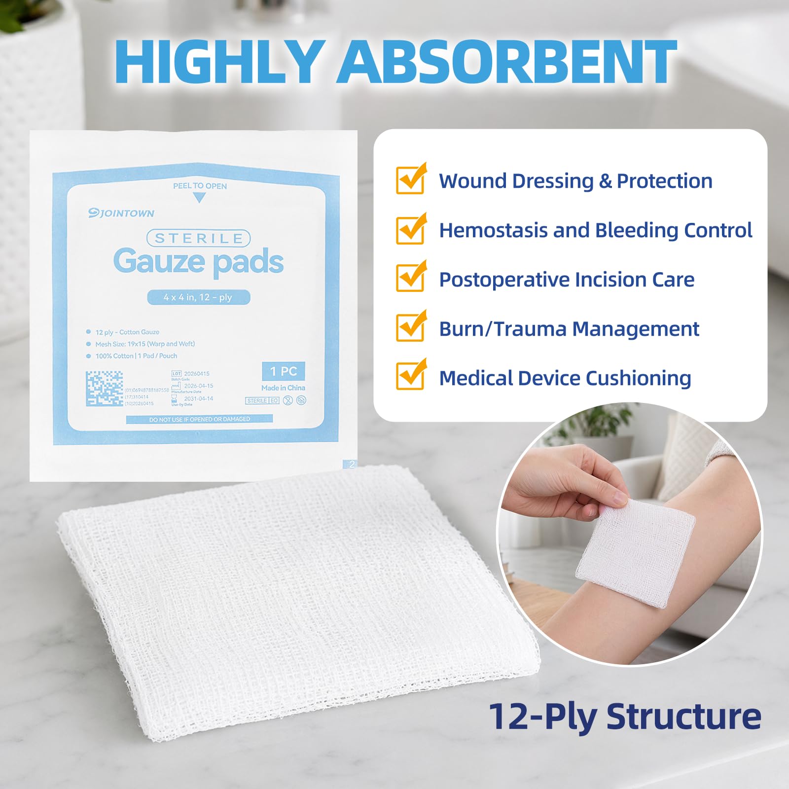 Jointown 100-Pack Sterile Gauze Pads 4x4 Inch, 100% Cotton Large 12-Ply Woven Gauze Sponges, Wound Care, Highly Absorbent Medical-Grade First Aid Dressing Pads — Amazon image 4
